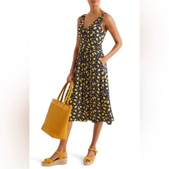 Boden Effie Lemon Print V-Neck Jersey Midi Dress Sz 12 R Fruit Novelty - Picture 1 of 7